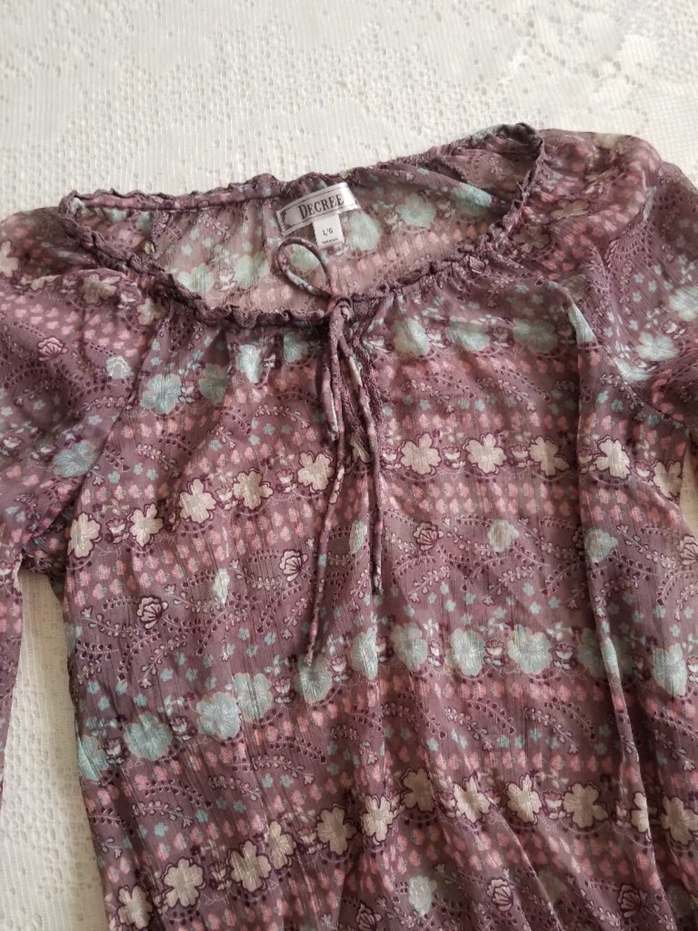 Decree Plum Floral Sheer Long Sleeve Peasant Blouse Large - Picture 2 of 9